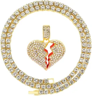 HH BLING EMPIRE Iced Out Broken Heart Chain Necklace for Men Women, Silver Gold Heart Pendant with Rope | Tennis | Cuban Link Chains, Hip Hop Rapper Chain Necklaces