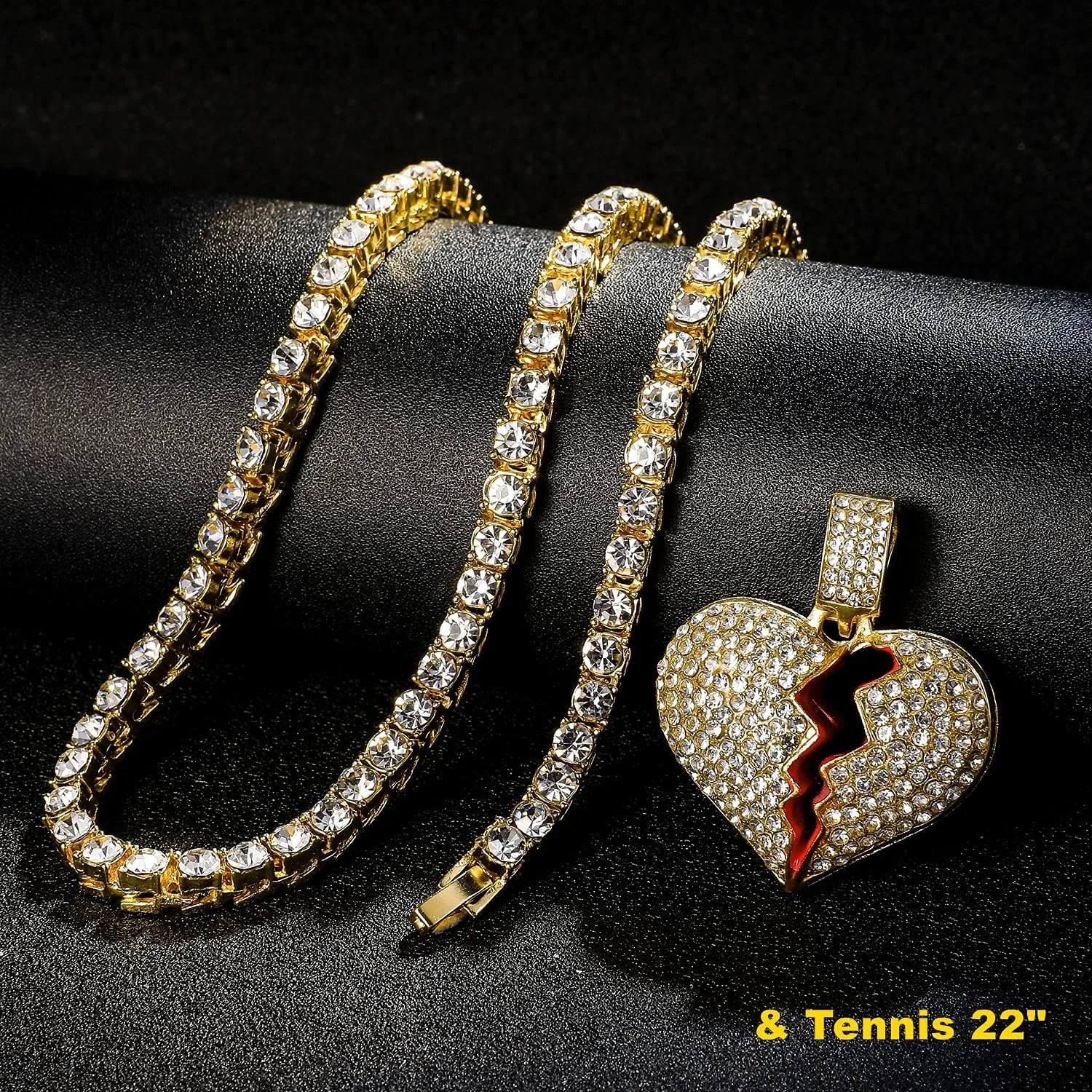 HH BLING EMPIRE Iced Out Broken Heart Chain Necklace for Men Women, Silver Gold Heart Pendant with Rope | Tennis | Cuban Link Chains, Hip Hop Rapper Chain Necklaces