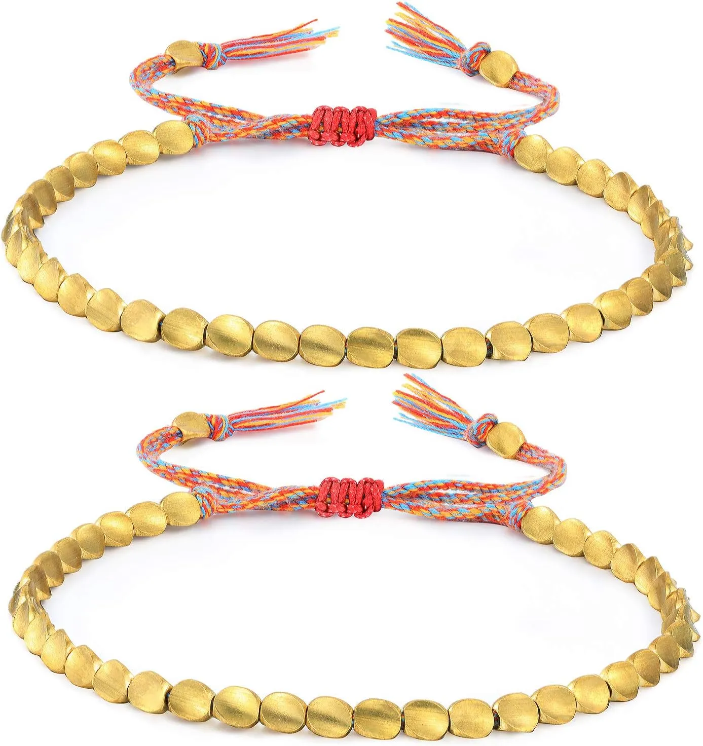 Hicarer 2 Pieces Tibetan Copper Bead Bracelets Handmade Braided Bracelets Adjustable Colorful Thread Beaded Bracelet (Trilateral Bead Style)
