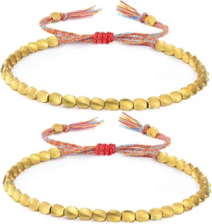 Hicarer 2 Pieces Tibetan Copper Bead Bracelets Handmade Braided Bracelets Adjustable Colorful Thread Beaded Bracelet (Trilateral Bead Style)