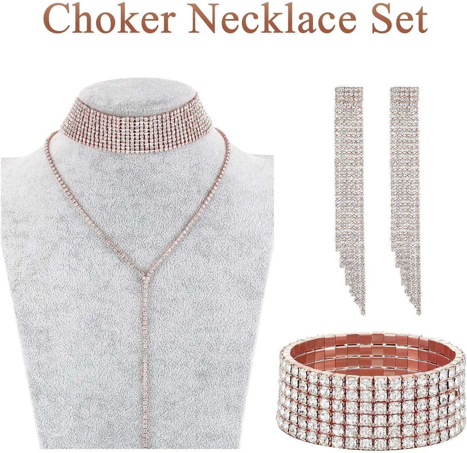 Hicarer 3 Pieces Women Rhinestone Jewelry Set Rhinestone Tassel Choker Necklace Fringe Bracelet Crystal Dangling Earring for Wedding Bridal Party