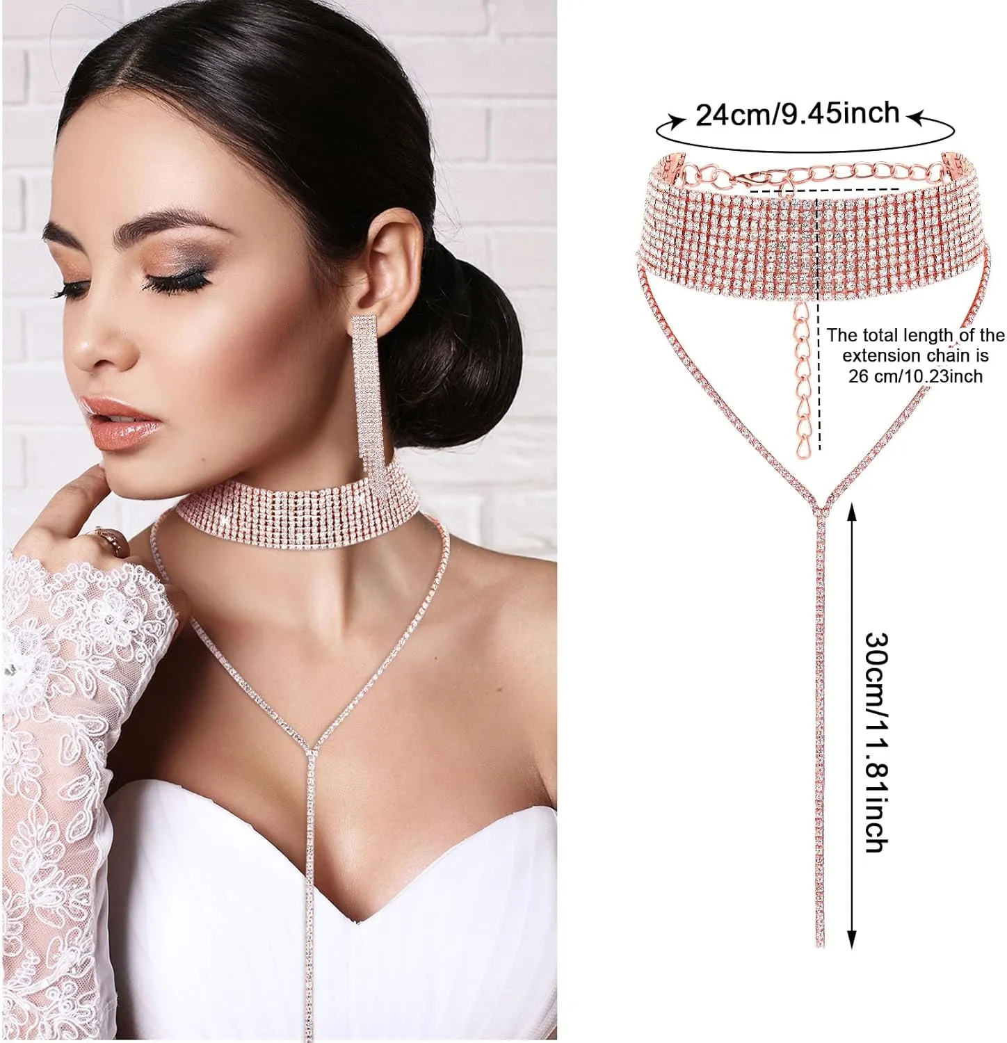 Hicarer 3 Pieces Women Rhinestone Jewelry Set Rhinestone Tassel Choker Necklace Fringe Bracelet Crystal Dangling Earring for Wedding Bridal Party