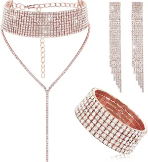 Hicarer 3 Pieces Women Rhinestone Jewelry Set Rhinestone Tassel Choker Necklace Fringe Bracelet Crystal Dangling Earring for Wedding Bridal Party