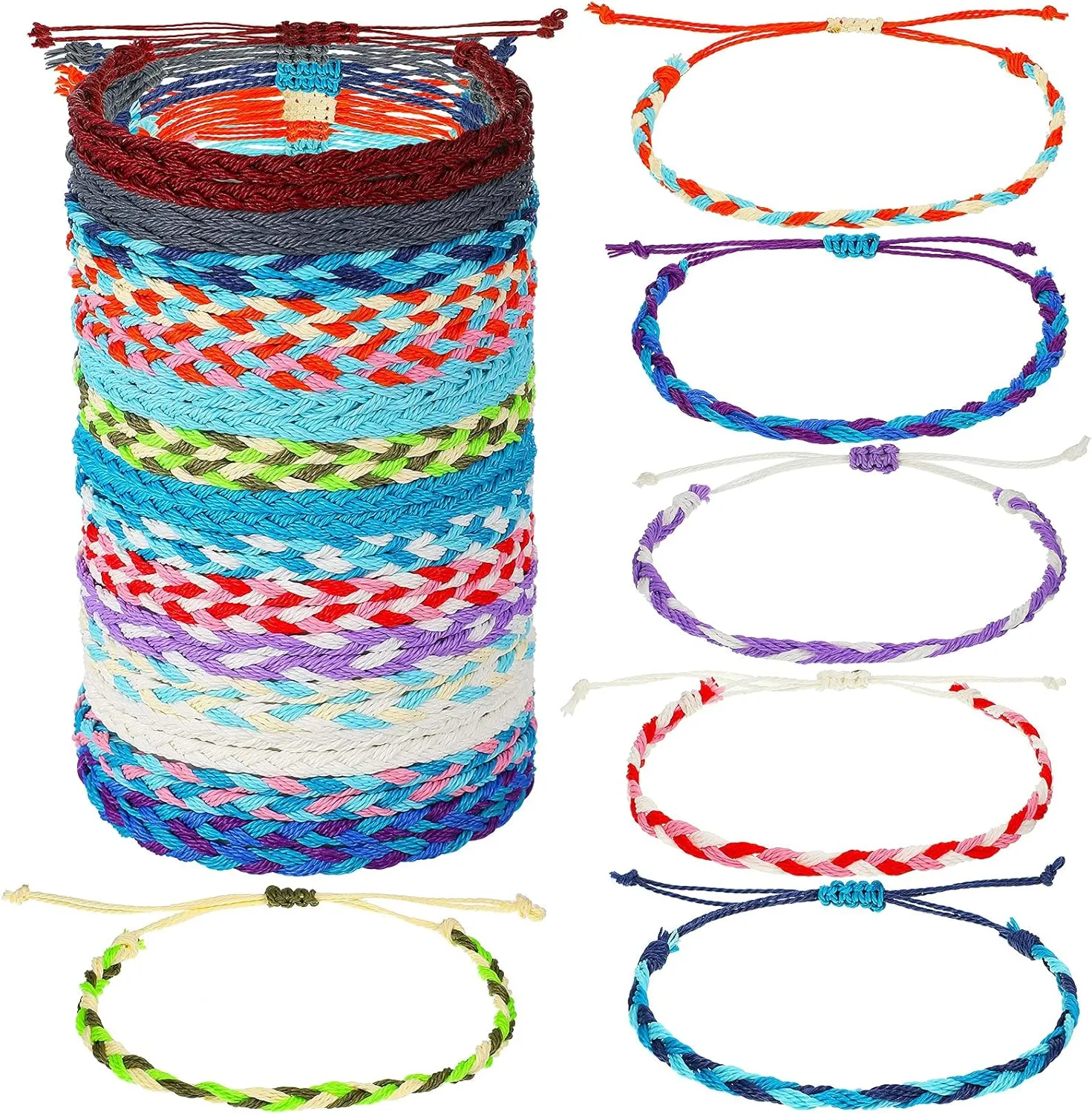 Hicarer 30 Pieces Friendship Bracelets Wave Handmade Kids Woven Braided Bracelet Waterproof Rope Bracelet Surfer Adjustable Bohemian Wrist Cord for Women Men Jewelry Party Accessories