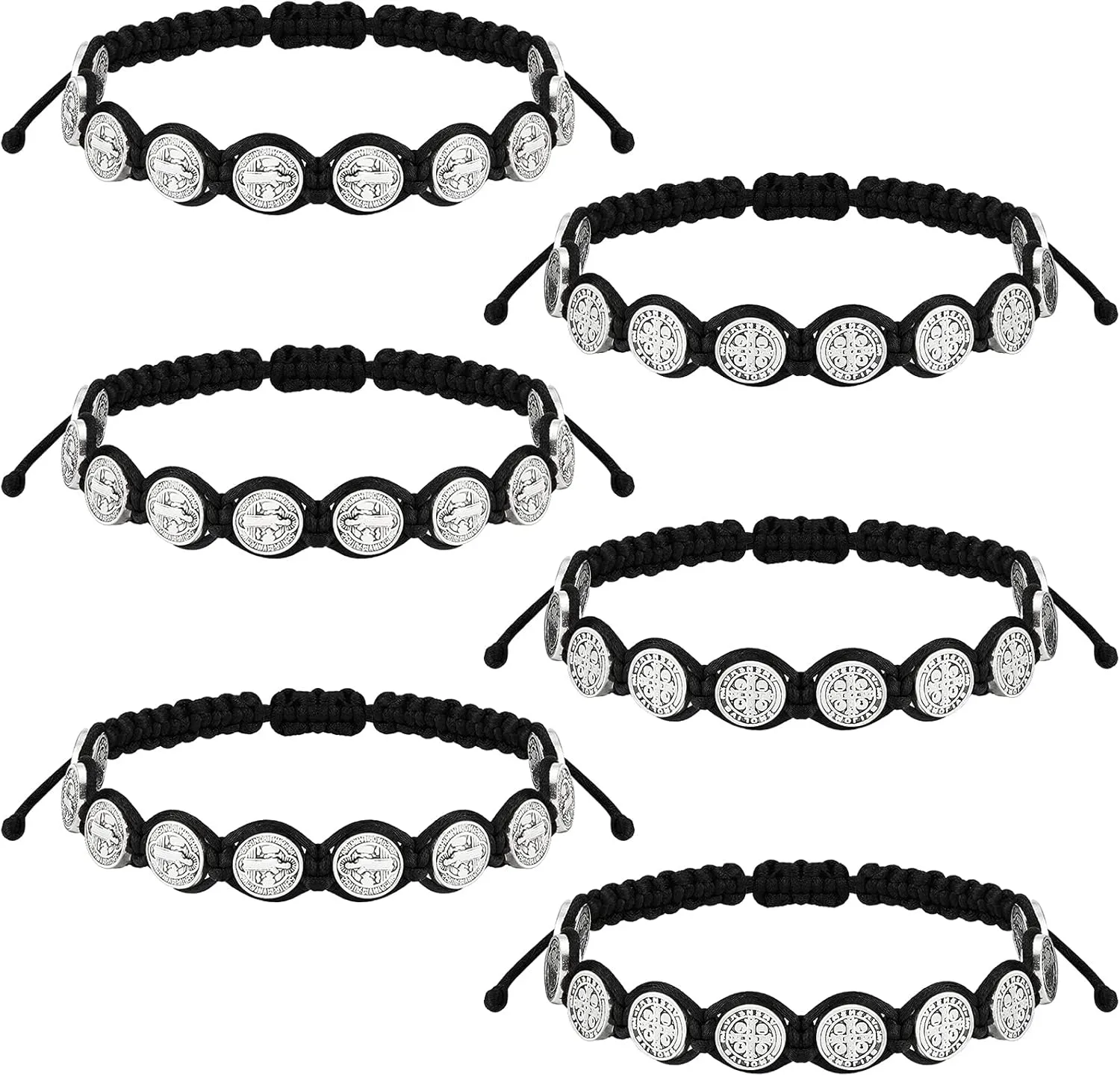Hicarer 6 Pcs Saint Benedict Bracelets Protection Adjustable Handmade Black Cord Religious Jewelry ST Benedict Medal Rosary Wrist Bracelet Serenity Blessing Catholic Gifts for Women Men