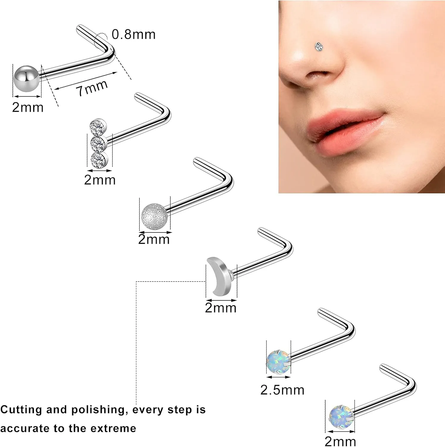 Hicdaw 60 Pcs Nose Rings for Women Nose Rings Hoops 20G Nose Piercings Jewelry for Women Men Screw Hypoallergenic Surgical Steel Nose Ring Studs