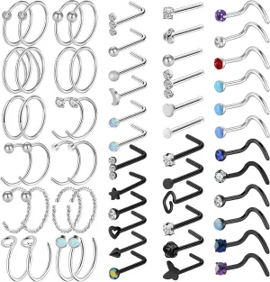 Hicdaw 60 Pcs Nose Rings for Women Nose Rings Hoops 20G Nose Piercings Jewelry for Women Men Screw Hypoallergenic Surgical Steel Nose Ring Studs