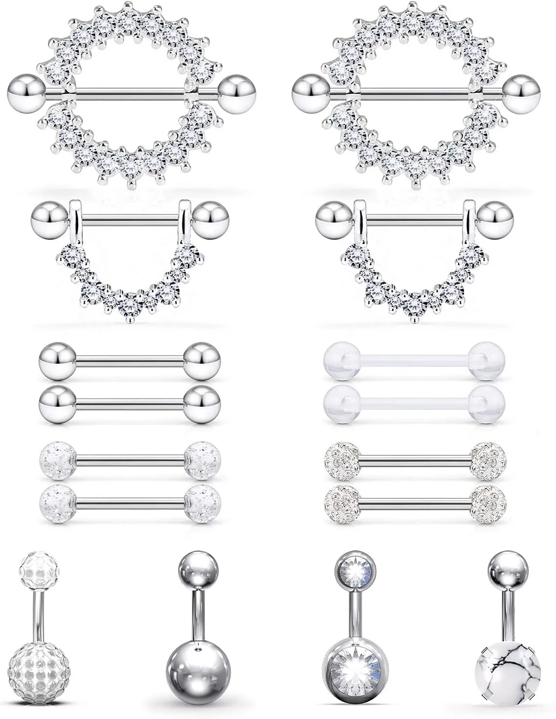 Hoeudjo 16PCS 14G Surgical Steel Nipple Rings Tongue Belly Button Rings CZ Barbell Body Piercing Jewelry Retainer for Women Men
