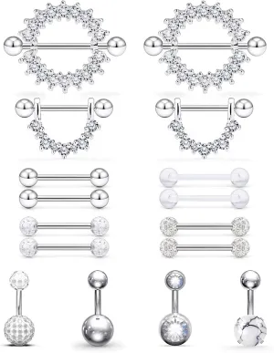 Hoeudjo 16PCS 14G Surgical Steel Nipple Rings Tongue Belly Button Rings CZ Barbell Body Piercing Jewelry Retainer for Women Men