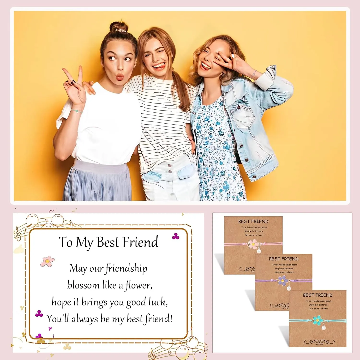 HOHOTANG Best Friend Bracelets for 3, Friendship Bff Matching Heart Bracelet for Women, Trio Bracelets Adjustable Birthday Jewelry Gifts for Best Friends