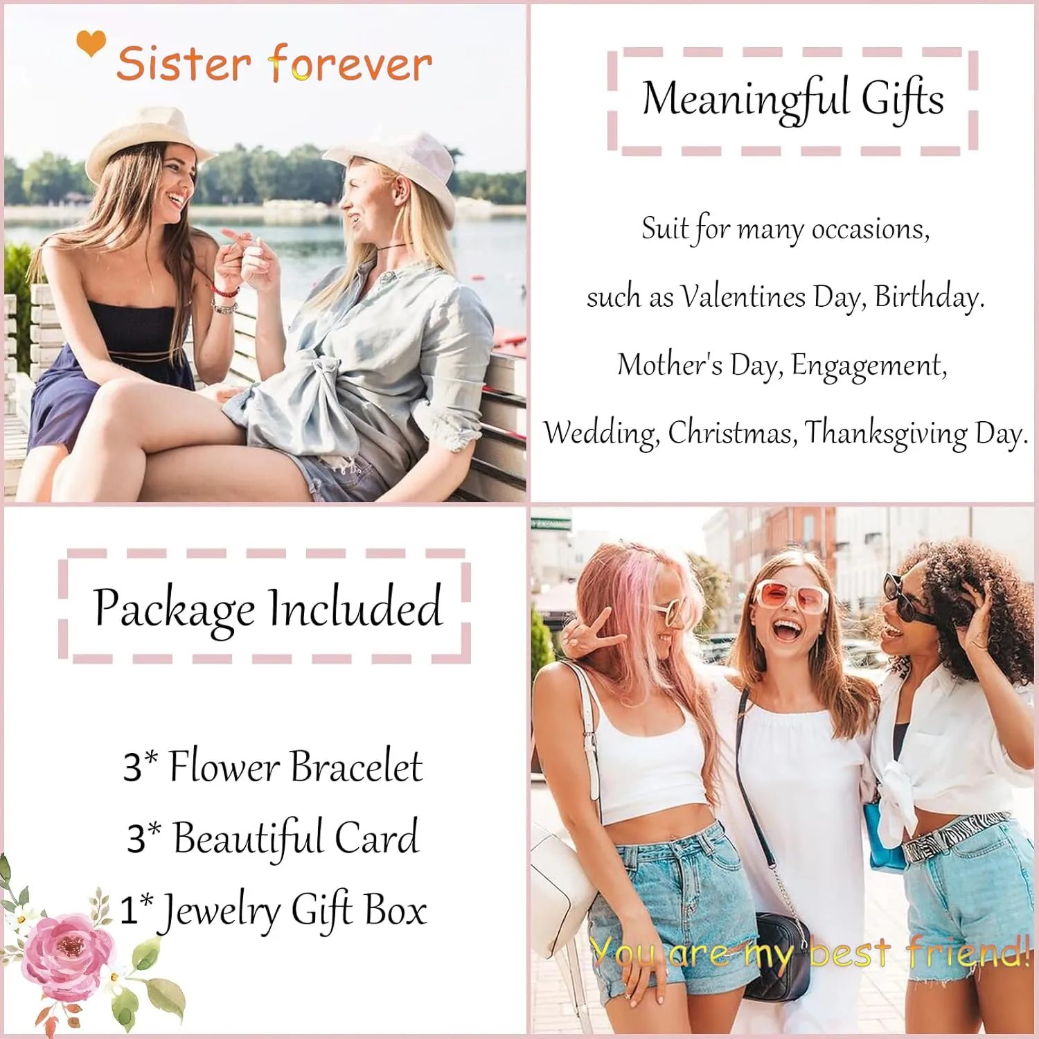 HOHOTANG Best Friend Bracelets for 3, Friendship Bff Matching Heart Bracelet for Women, Trio Bracelets Adjustable Birthday Jewelry Gifts for Best Friends