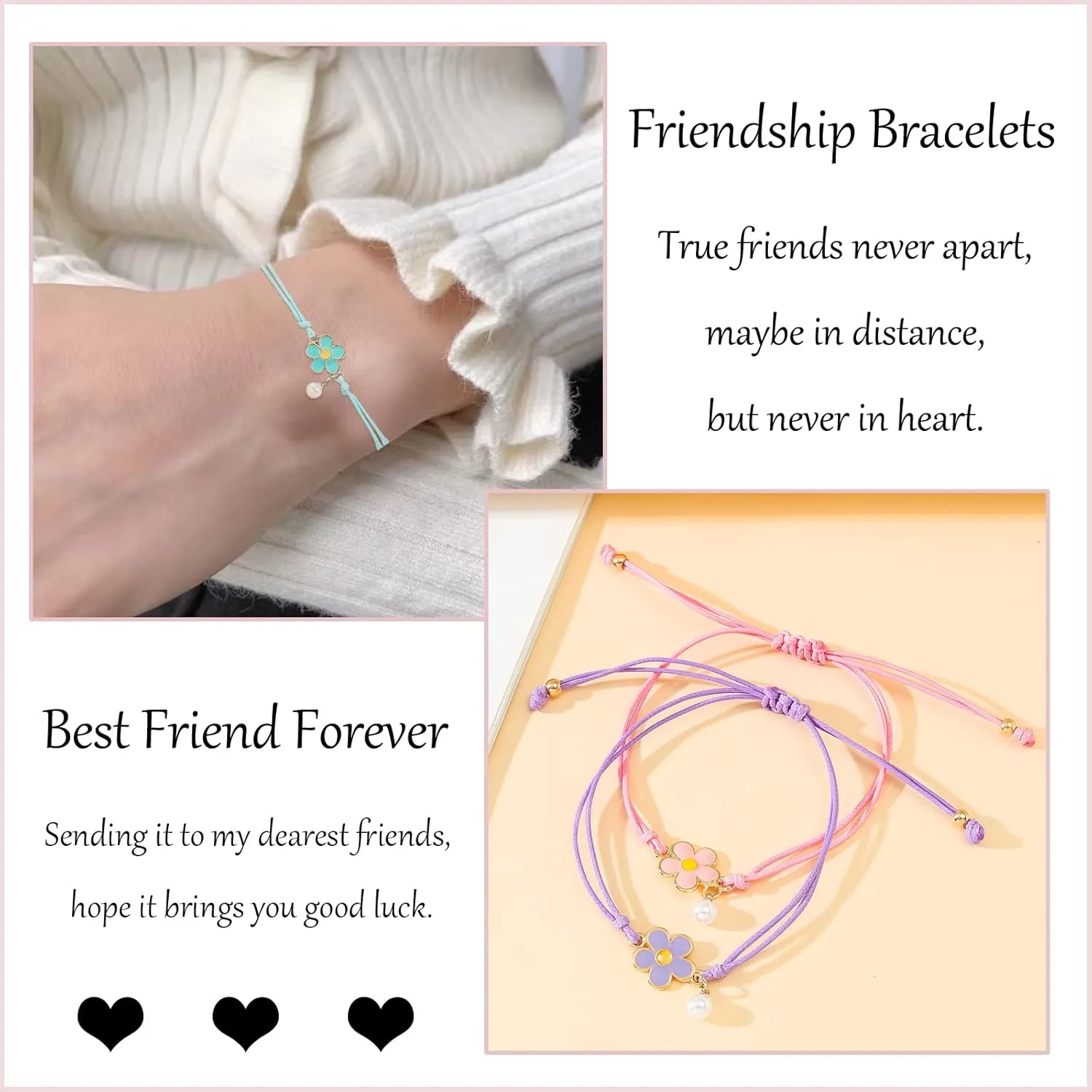HOHOTANG Best Friend Bracelets for 3, Friendship Bff Matching Heart Bracelet for Women, Trio Bracelets Adjustable Birthday Jewelry Gifts for Best Friends