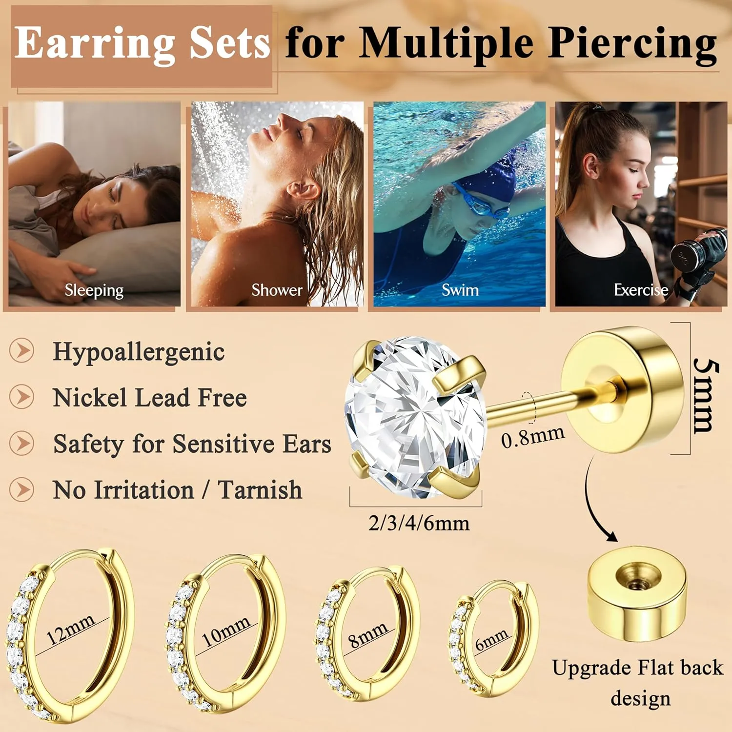 Hoop Stud Earrings Set for Multiple Piercing - Hypoallergenic Surgical Steel Earrings 14K Gold Plated Small Cartilage Huggie Hoop Earrings Flat Back Earrings for Women Men