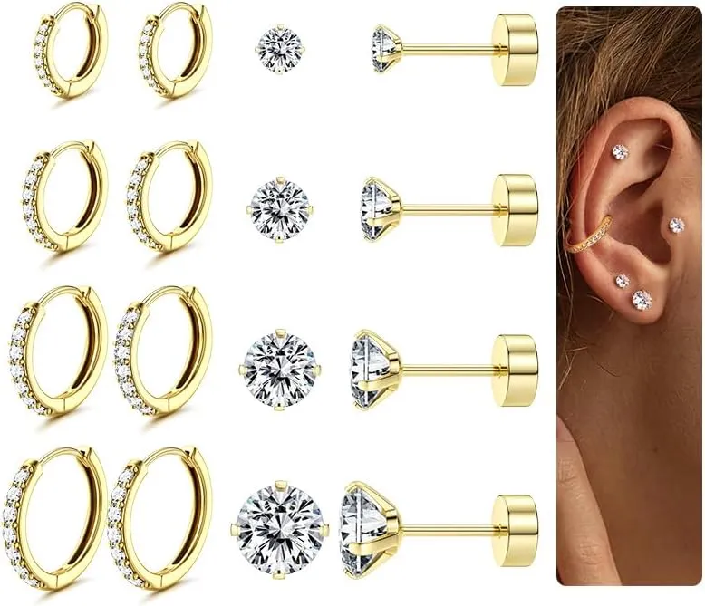 Hoop Stud Earrings Set for Multiple Piercing - Hypoallergenic Surgical Steel Earrings 14K Gold Plated Small Cartilage Huggie Hoop Earrings Flat Back Earrings for Women Men