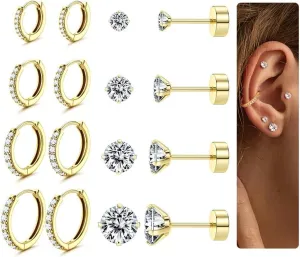 Hoop Stud Earrings Set for Multiple Piercing - Hypoallergenic Surgical Steel Earrings 14K Gold Plated Small Cartilage Huggie Hoop Earrings Flat Back Earrings for Women Men
