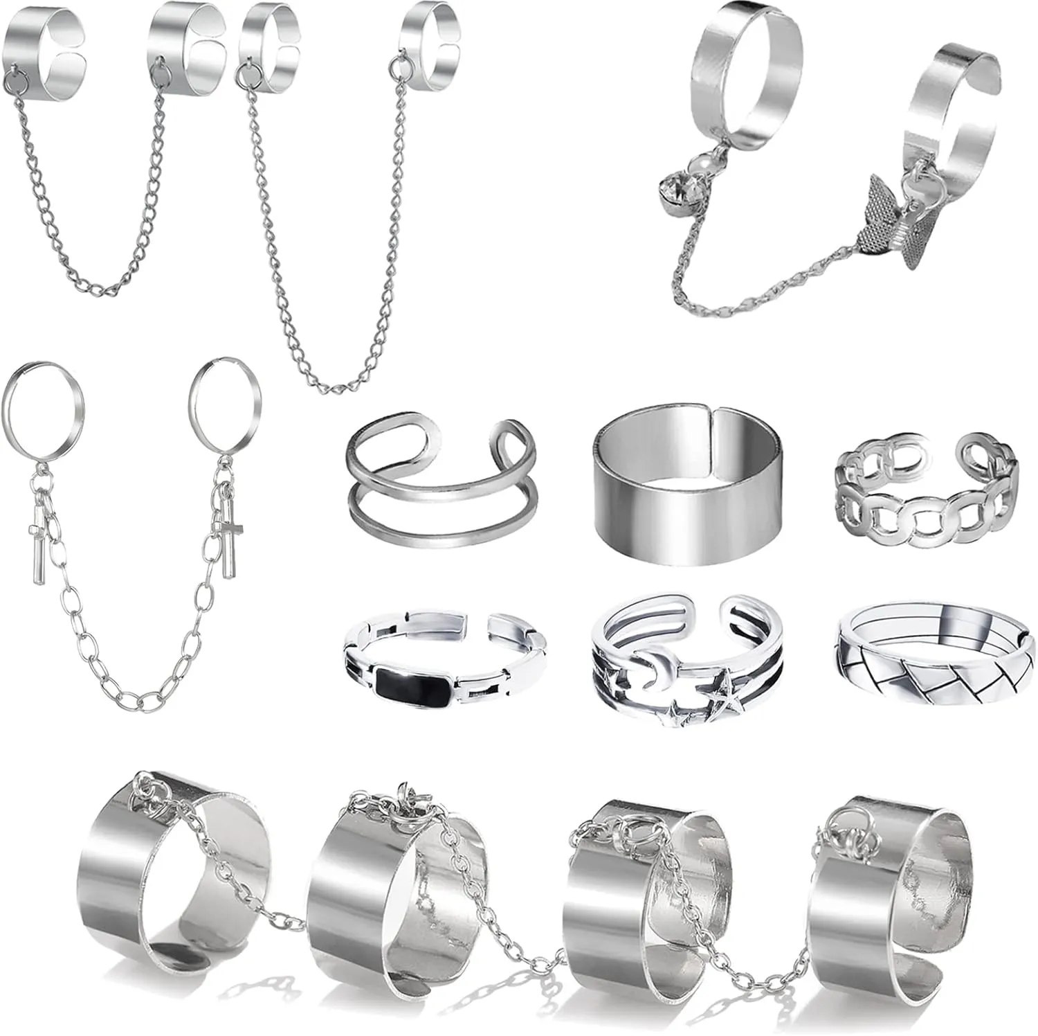 HUASAI Chain Rings for Women Punk Rings with Chains Open Finger Rings Set Gothic Stackable Knuckle Midi Rings