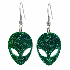 Hypoallergenic Nickel Free Big Green Glitter Alien Face Earrings, Big Eye Outer Space Alien Galaxy Jewelry, Gift for Space Cadet Rave Girls