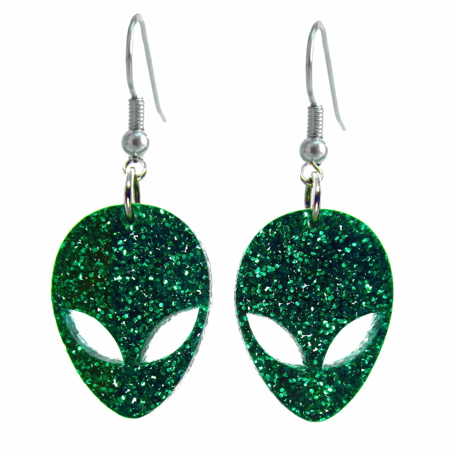 Hypoallergenic Nickel Free Big Green Glitter Alien Face Earrings, Big Eye Outer Space Alien Galaxy Jewelry, Gift for Space Cadet Rave Girls