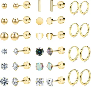 Hypoallergenic Surgical Steel Earrings for Sensitive Ears 14K Gold Stainless Steel Flat Back Earrings for Women Men Small Titanium Earring Flatback Stud Hoop Cartilage Earring Set for Multiple Piercing