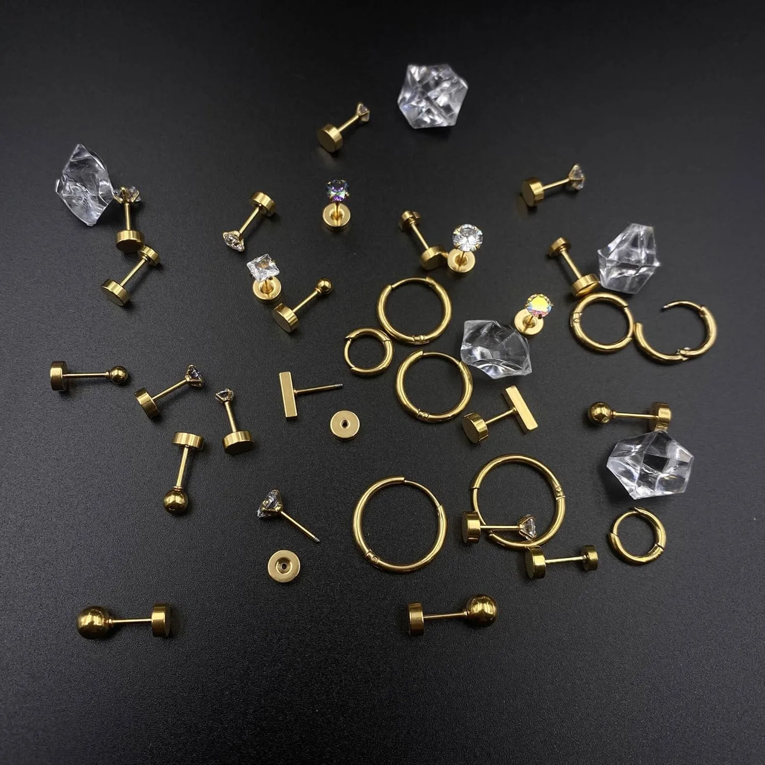 Hypoallergenic Surgical Steel Earrings for Sensitive Ears 14K Gold Stainless Steel Flat Back Earrings for Women Men Small Titanium Earring Flatback Stud Hoop Cartilage Earring Set for Multiple Piercing
