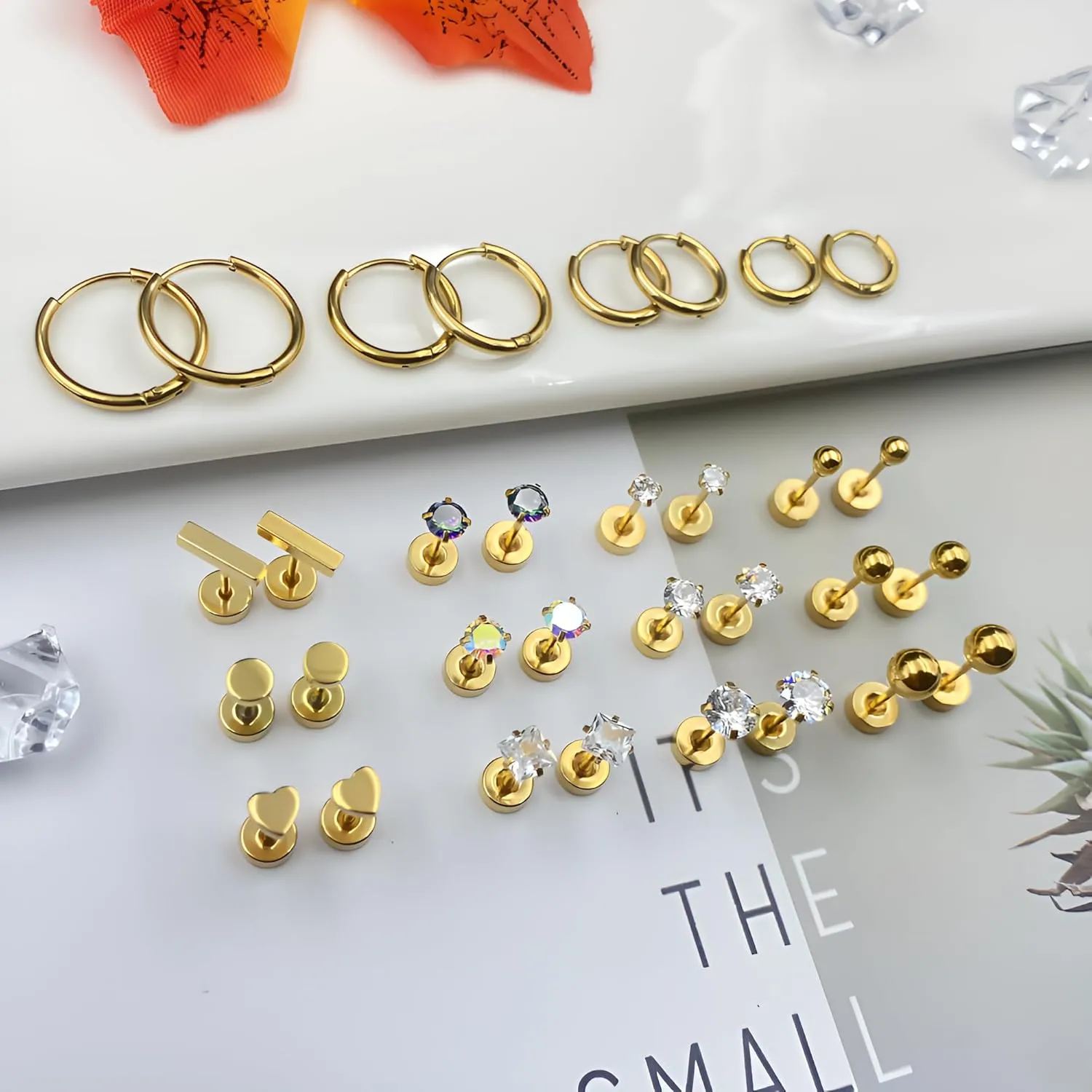 Hypoallergenic Surgical Steel Earrings for Sensitive Ears 14K Gold Stainless Steel Flat Back Earrings for Women Men Small Titanium Earring Flatback Stud Hoop Cartilage Earring Set for Multiple Piercing