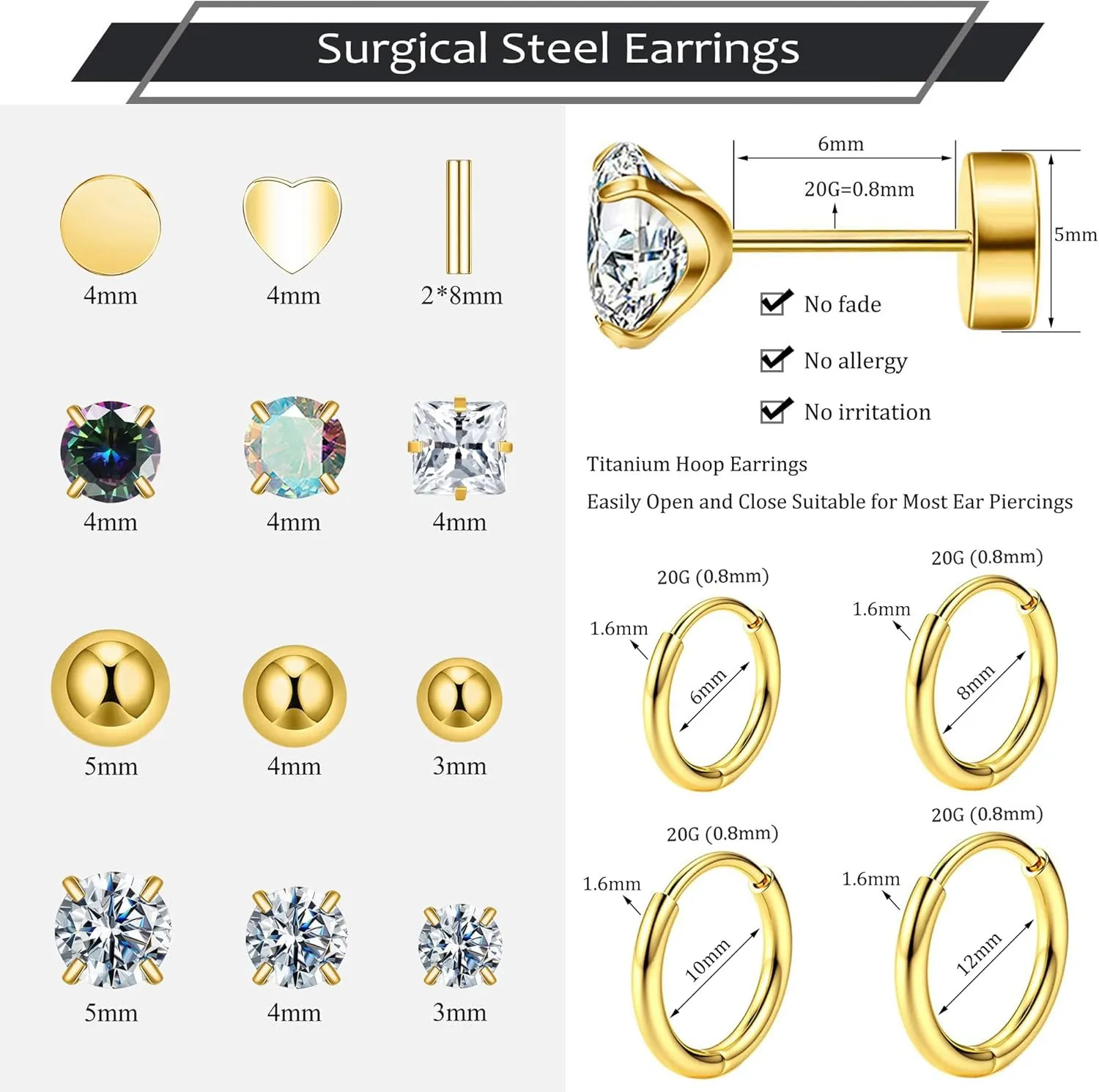 Hypoallergenic Surgical Steel Earrings for Sensitive Ears 14K Gold Stainless Steel Flat Back Earrings for Women Men Small Titanium Earring Flatback Stud Hoop Cartilage Earring Set for Multiple Piercing