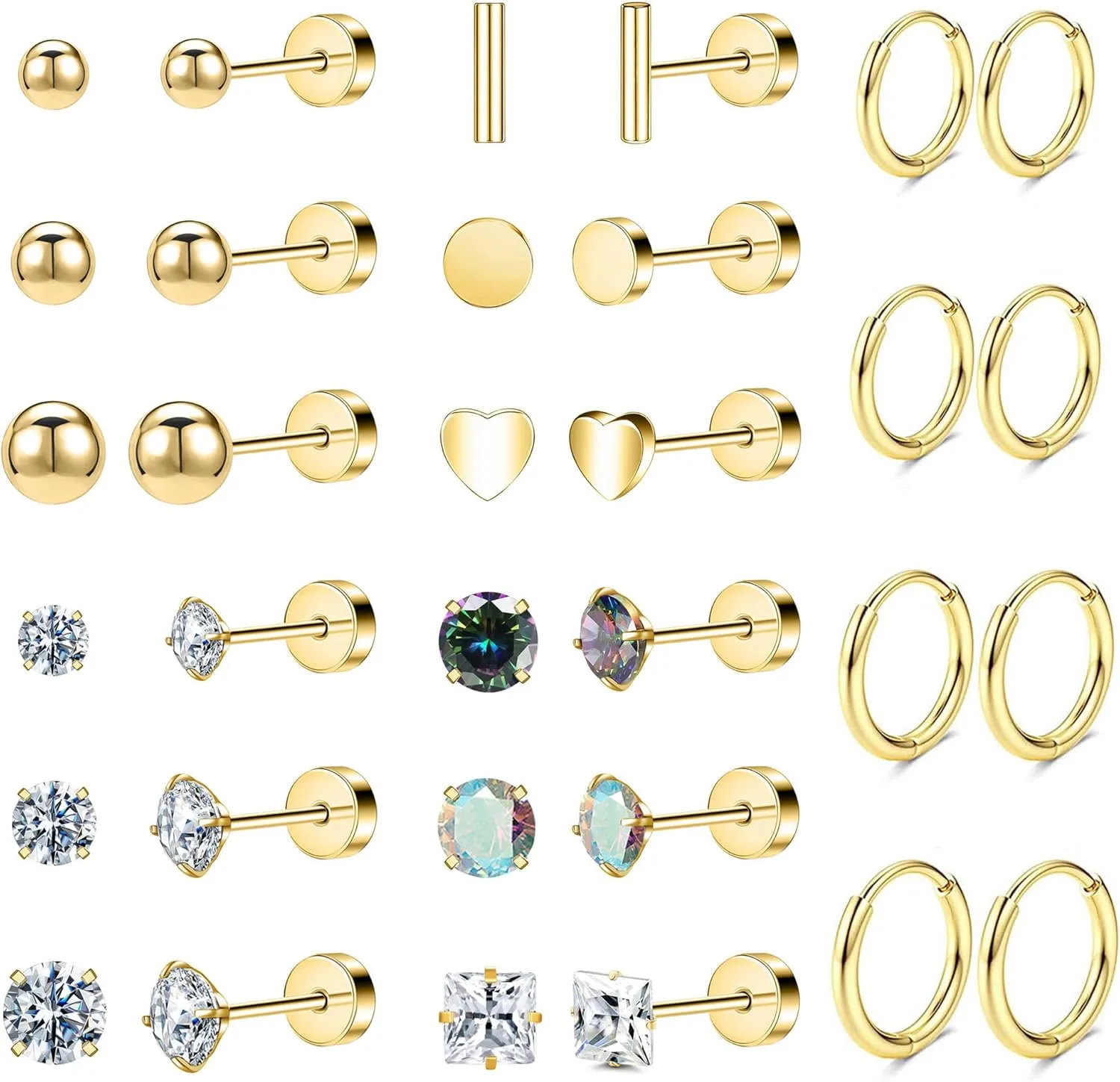 Hypoallergenic Surgical Steel Earrings for Sensitive Ears 14K Gold Stainless Steel Flat Back Earrings for Women Men Small Titanium Earring Flatback Stud Hoop Cartilage Earring Set for Multiple Piercing