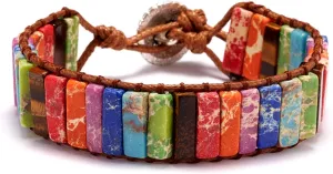 Imperial Jasper Chakra Bracelet Handmade Leather Sunflower Button Adjustable Wrap Bracelet Bohemian Multi Color Woven Natural Stone Yoga Tube Beaded Healing Jewelry for Womens Girls Friendship