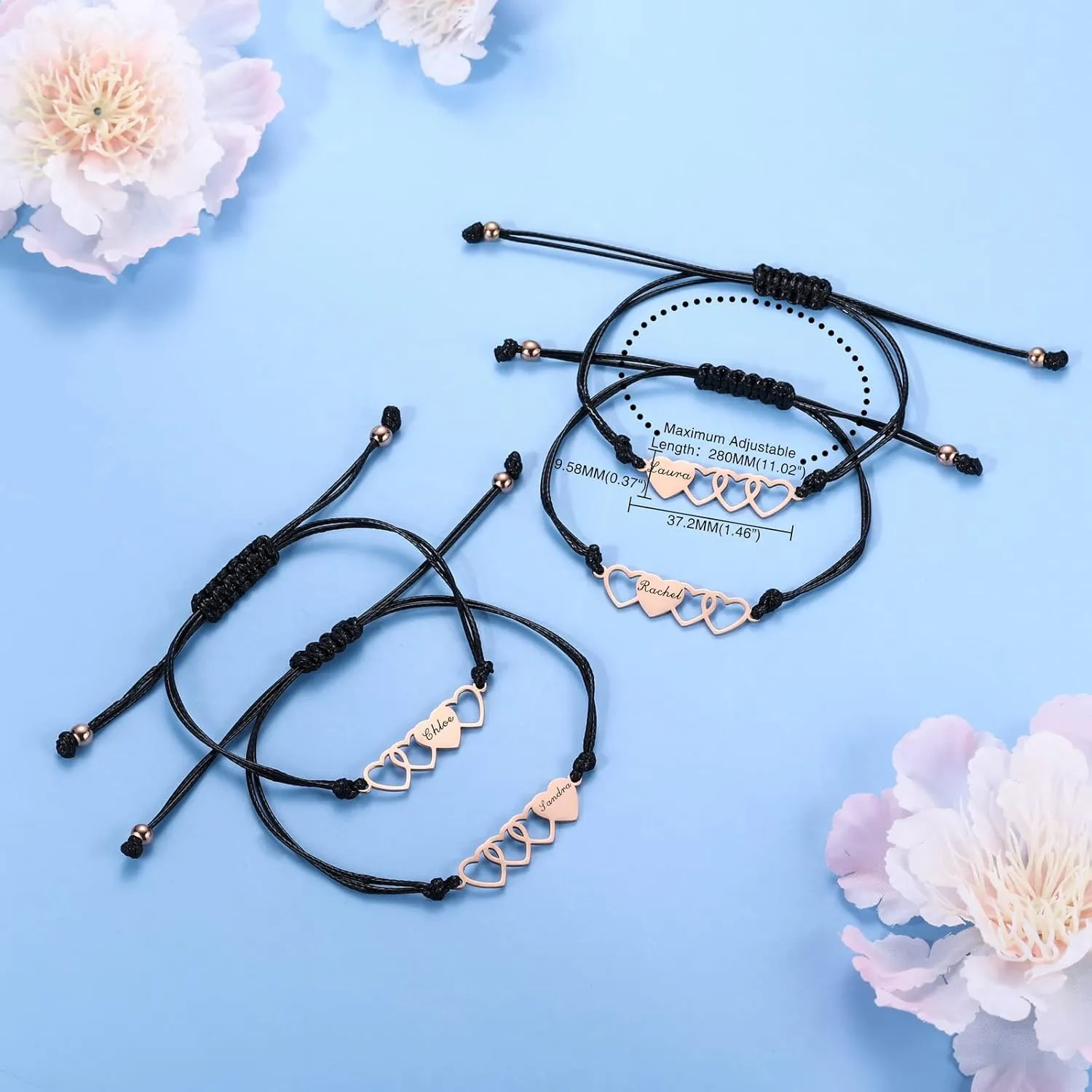 INBLUE Custom Matching Heart Bracelet Set, Personalized Name 2/3/4 Pieces Stainless Steel BFF Best Friend Bracelet Set, Friendship Gift for Sisters Best Friends Besties Women