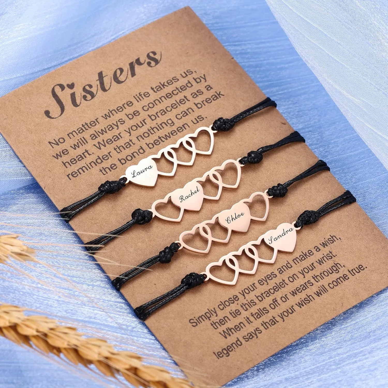 INBLUE Custom Matching Heart Bracelet Set, Personalized Name 2/3/4 Pieces Stainless Steel BFF Best Friend Bracelet Set, Friendship Gift for Sisters Best Friends Besties Women
