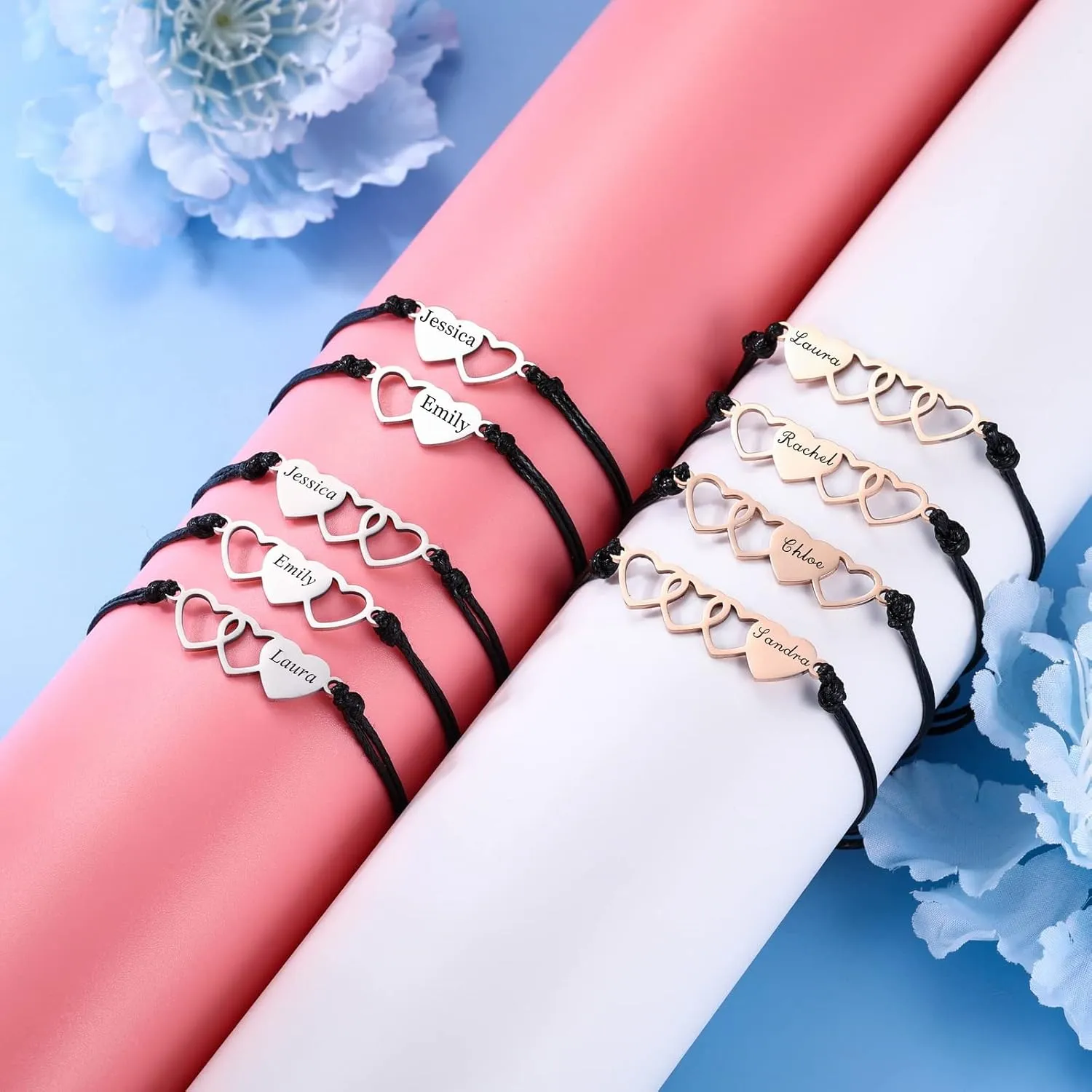 INBLUE Custom Matching Heart Bracelet Set, Personalized Name 2/3/4 Pieces Stainless Steel BFF Best Friend Bracelet Set, Friendship Gift for Sisters Best Friends Besties Women