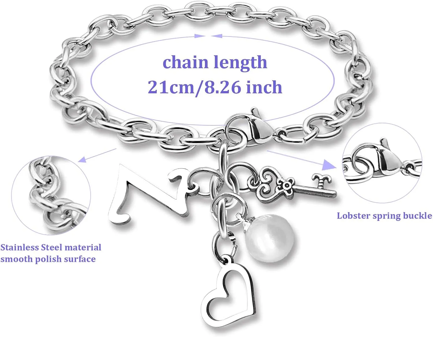 Initial A-Z Bracelets Gift for Women Girls Stainless Steel Chain Bracelet 26 Alphabet Jewelry Gifts for Birthday Anniversary Letter Bracelet Monogram Gifts for Sister Friend Girlfriends Mom 8.26 Inch