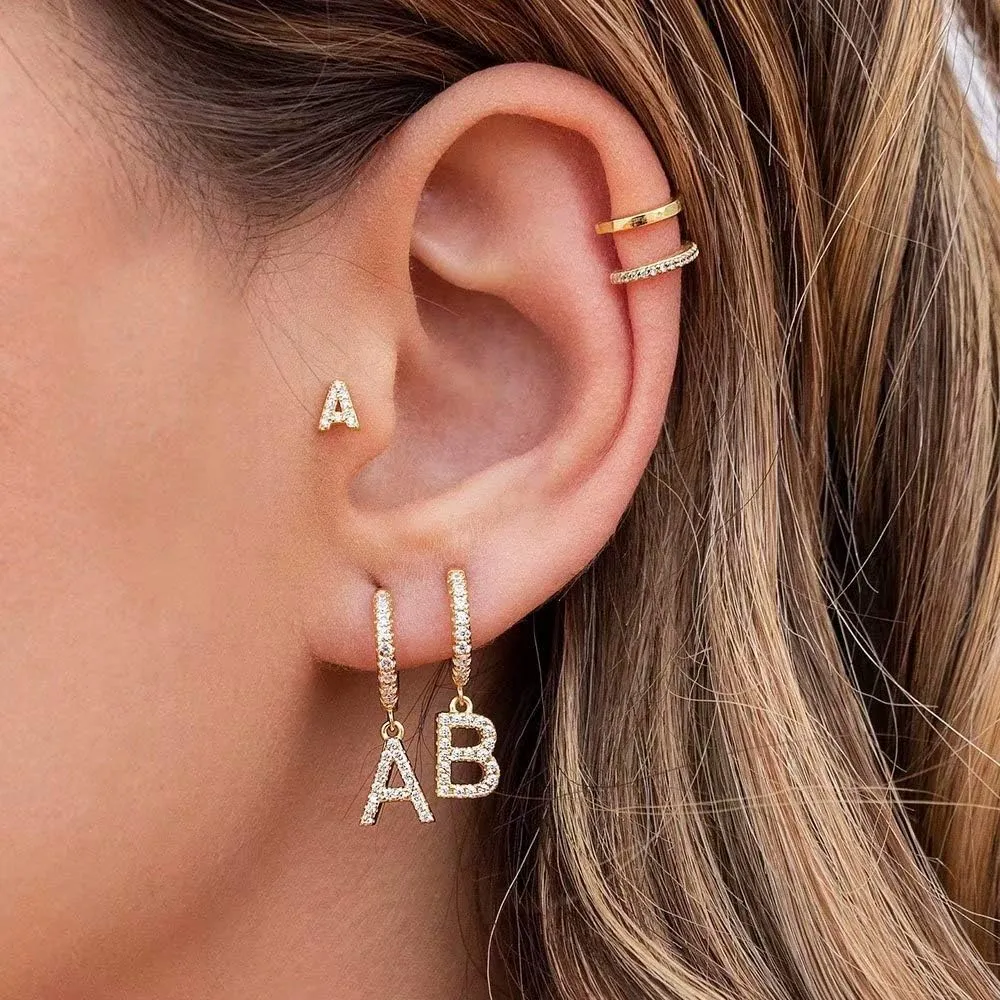 Initial Earrings for Women, 925 Sterling Silver Post Hypoallergenic Small Huggie Hoop Earrings Gold Plated Cubic Zirconia Initial Earrings Jewelry