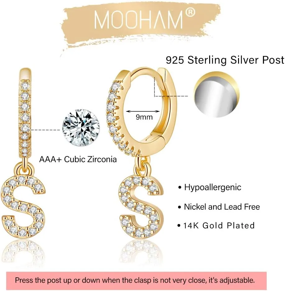 Initial Earrings for Women, 925 Sterling Silver Post Hypoallergenic Small Huggie Hoop Earrings Gold Plated Cubic Zirconia Initial Earrings Jewelry