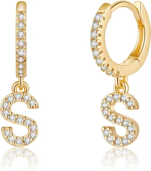 Initial Earrings for Women, 925 Sterling Silver Post Hypoallergenic Small Huggie Hoop Earrings Gold Plated Cubic Zirconia Initial Earrings Jewelry