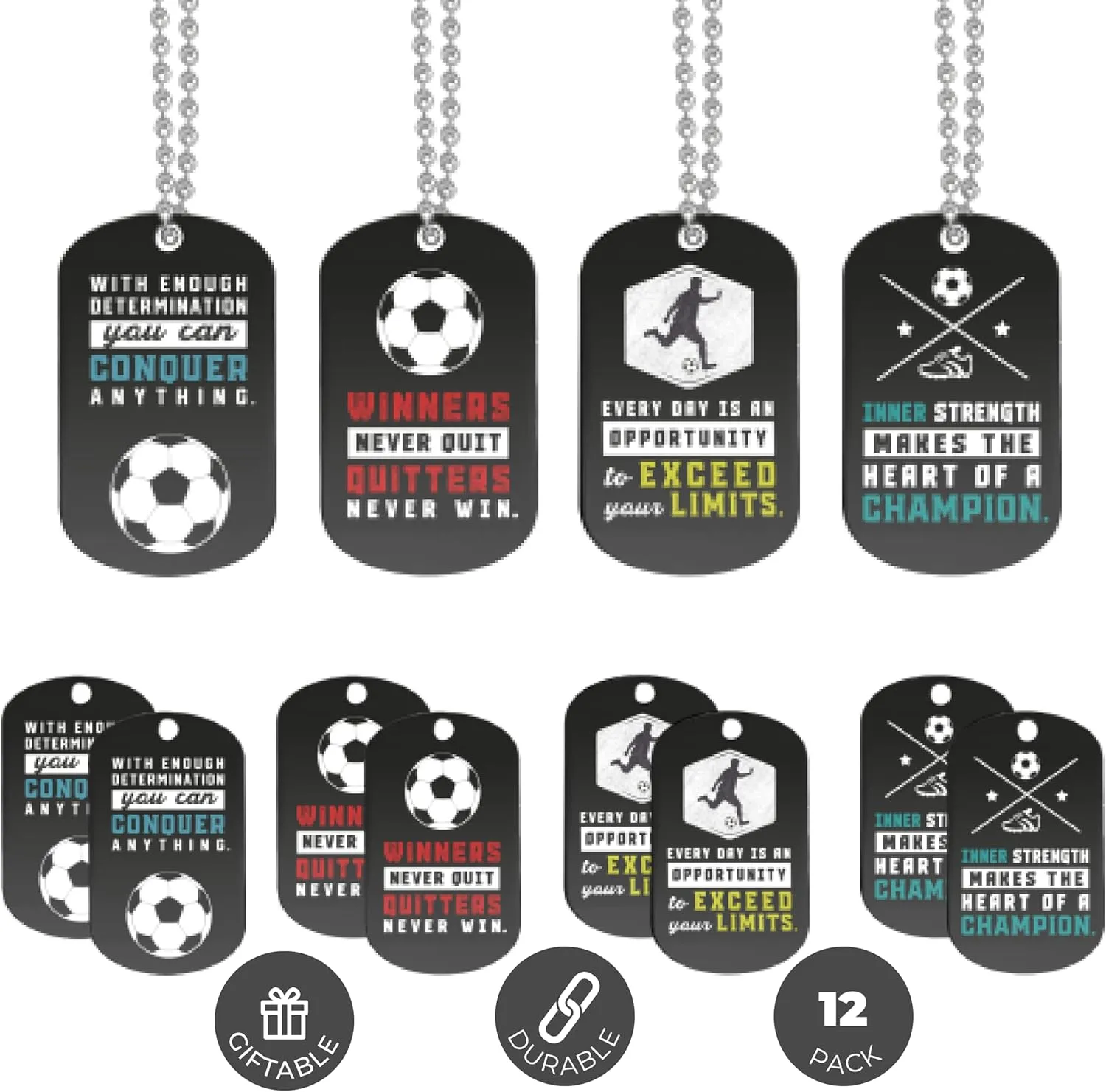 Inkstone Soccer Dogtag Necklaces | Motivational Winners Never Quit, Quitters Never Win | (12 Pack) | Encouraging Gift for Students, Teams, Players