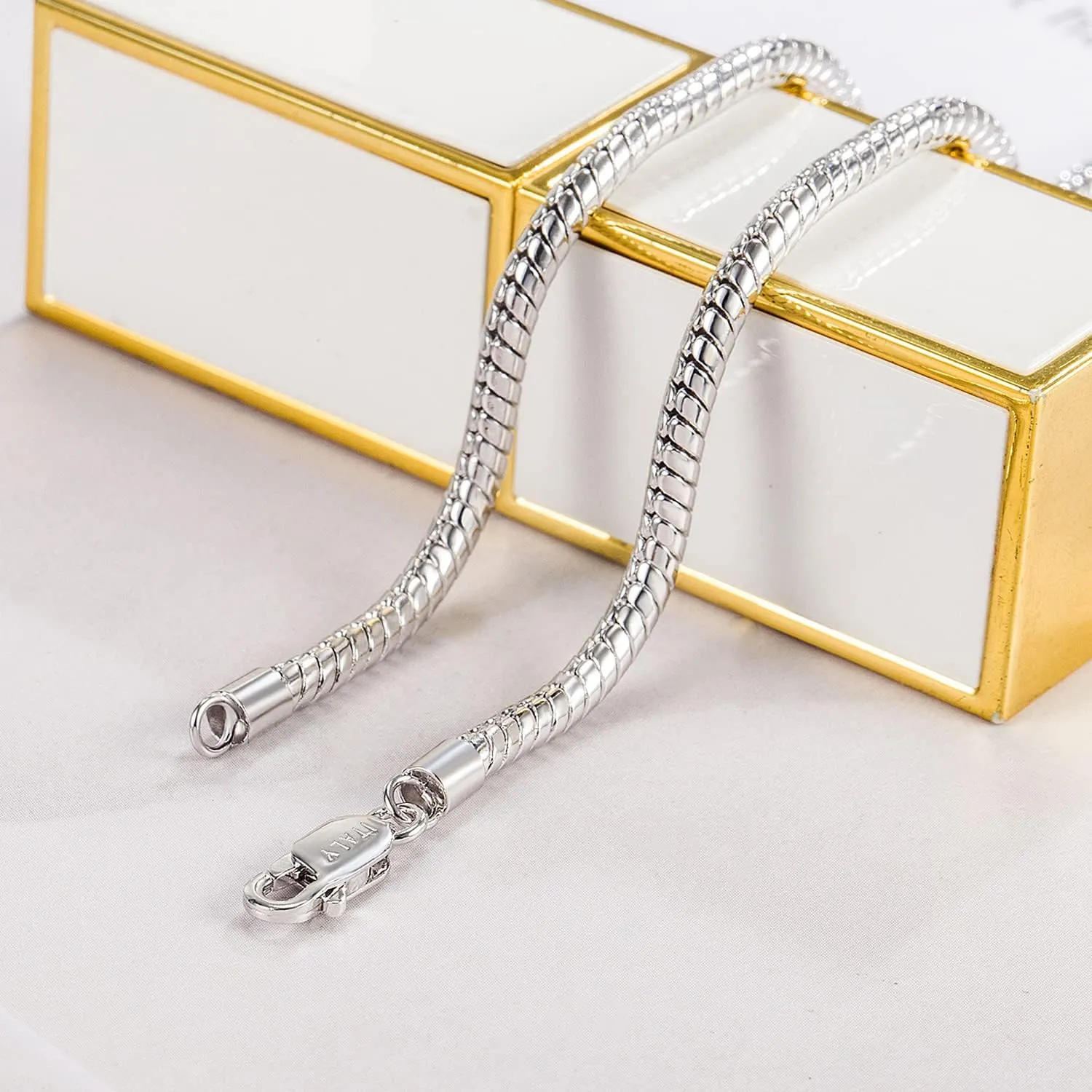 Italy 925 Sterling Silver Snake Chain Necklace Men & Women 3MM-4MM Rolo Link Round Chain Chokers 18 "20" 22 "24" 26 "28" 30" Unisex Fine Jewelry Gift
