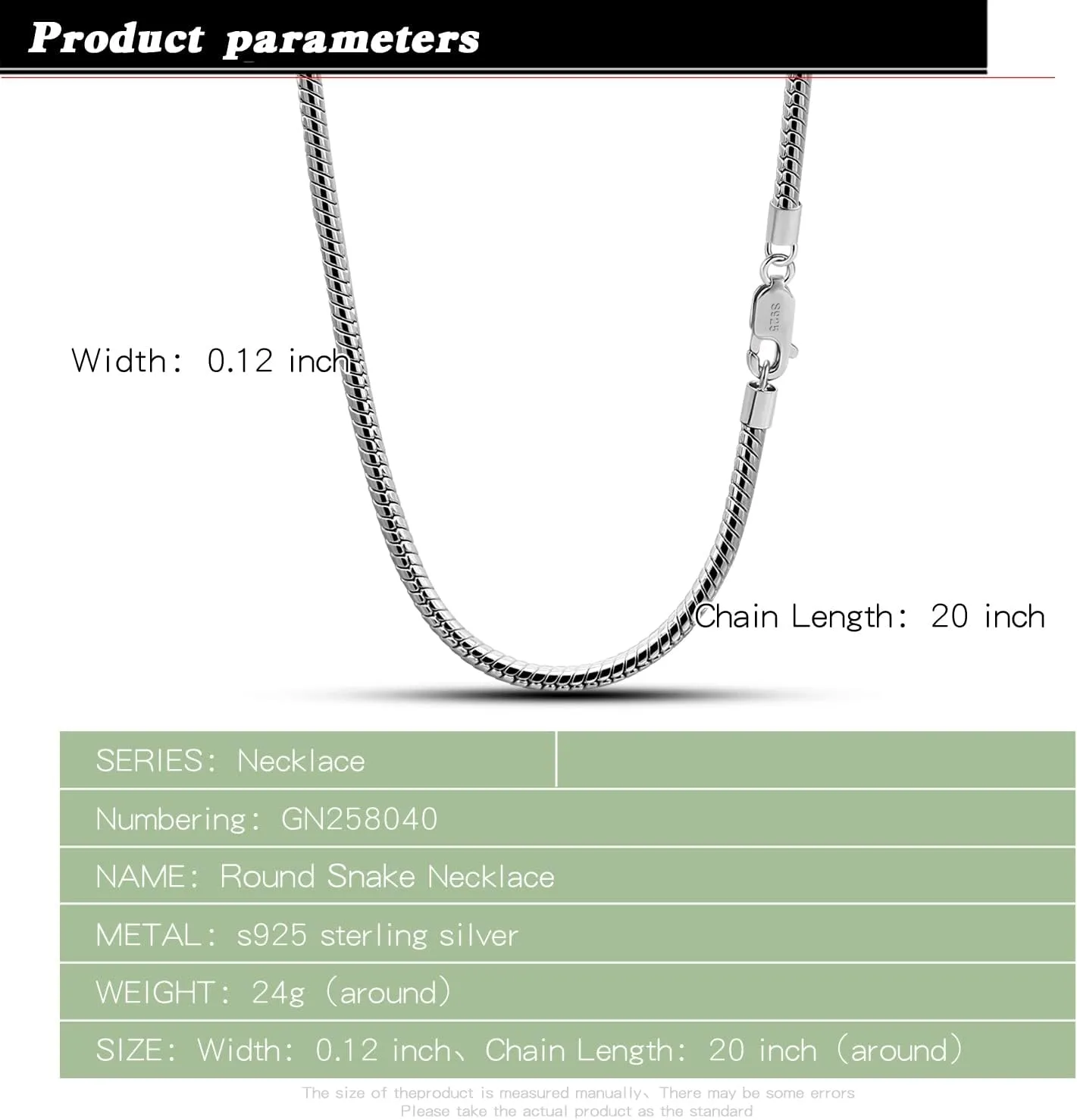 Italy 925 Sterling Silver Snake Chain Necklace Men & Women 3MM-4MM Rolo Link Round Chain Chokers 18 "20" 22 "24" 26 "28" 30" Unisex Fine Jewelry Gift