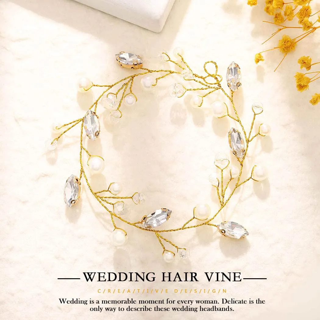 Jakawin Bride Pearl Wedding Hair Vine Rhinestone Hair Piece Crystal Bridal Hair Accessories for Women HV192 (3 Gold)