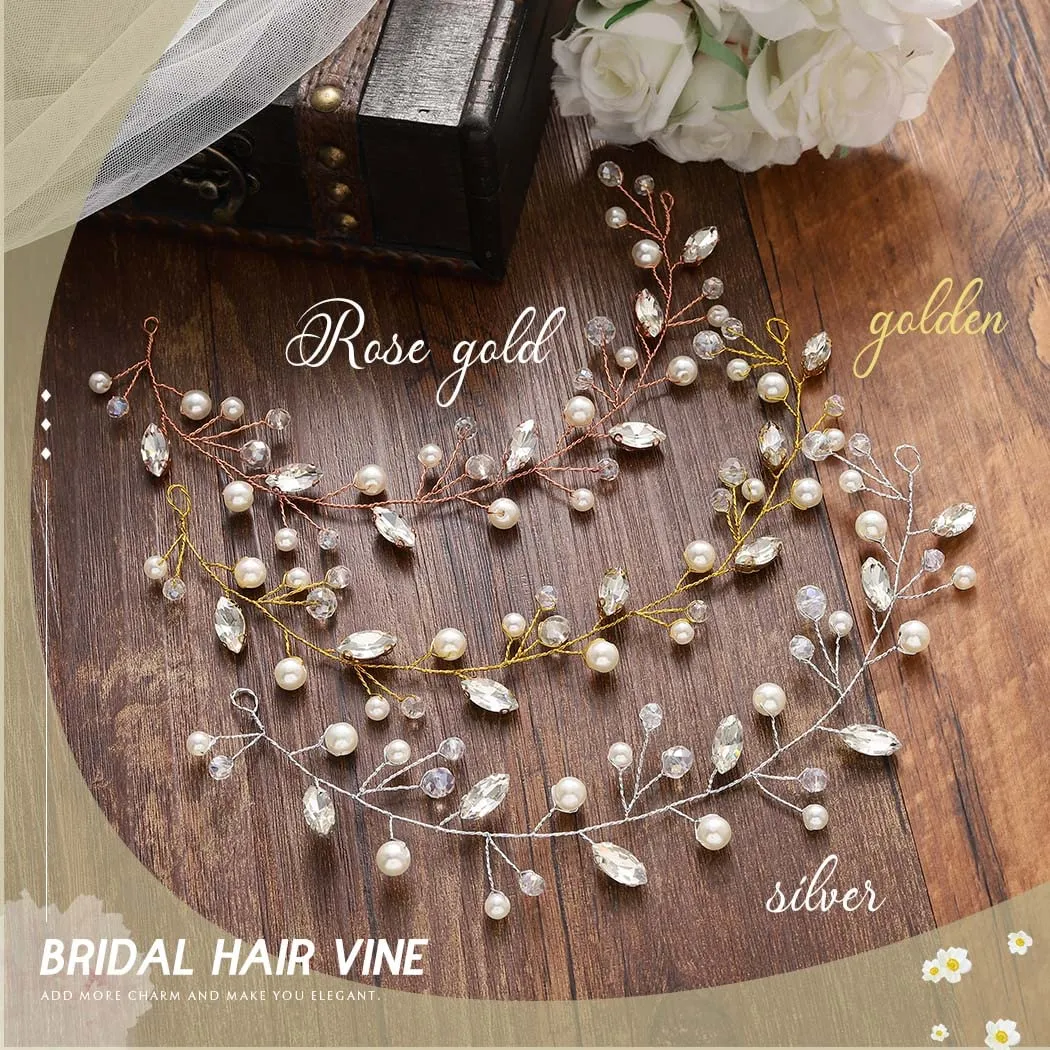 JAKAWIN Pearl Wedding Hair Vine Silver Rhinestone Bridal Prom Hair Piece Accessories for Women HV192 (1 Silver)