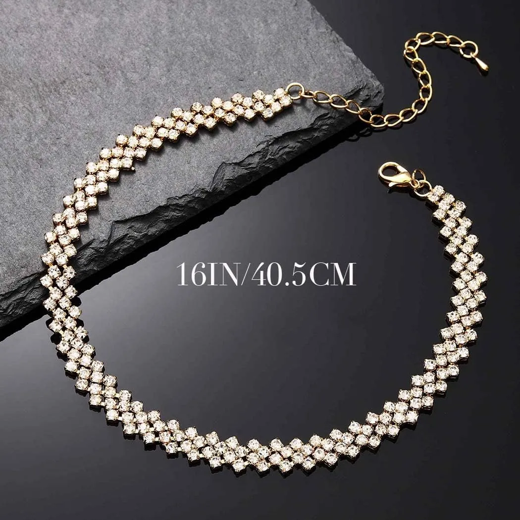 JEAIRTS Choker Rhinestone Necklace Diamond Row Necklaces Crystal Chokers Chain Jewelry Sparkly Party Prom Accessories for Women