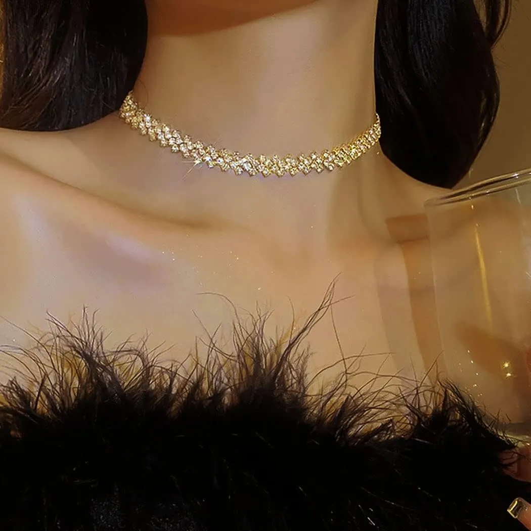 JEAIRTS Choker Rhinestone Necklace Diamond Row Necklaces Crystal Chokers Chain Jewelry Sparkly Party Prom Accessories for Women
