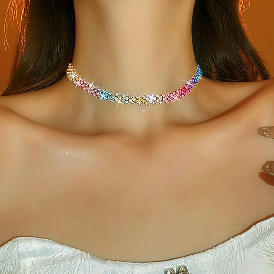 JEAIRTS Choker Rhinestone Necklace Diamond Row Necklaces Crystal Chokers Chain Jewelry Sparkly Party Prom Accessories for Women