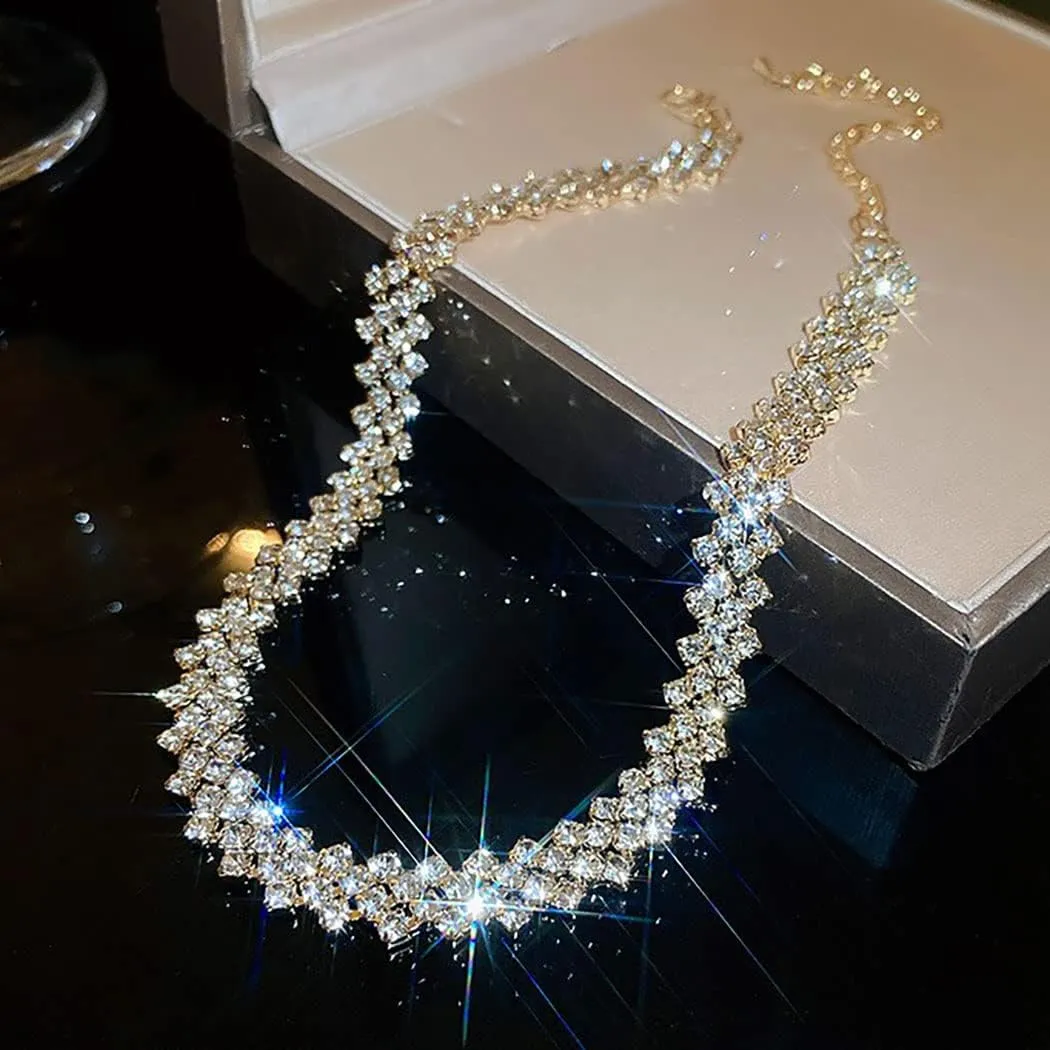 JEAIRTS Choker Rhinestone Necklace Diamond Row Necklaces Crystal Chokers Chain Jewelry Sparkly Party Prom Accessories for Women