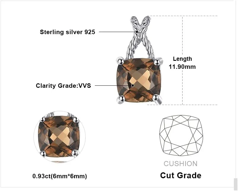 JewelryPalace Delicate 1ct Cushion Cut Genuine Smoky Quartz Pendant Necklace for Women, 925 Sterling Silver Necklace for Girl, Natural Gemstone Jewelry Gift 18 Inches Chain