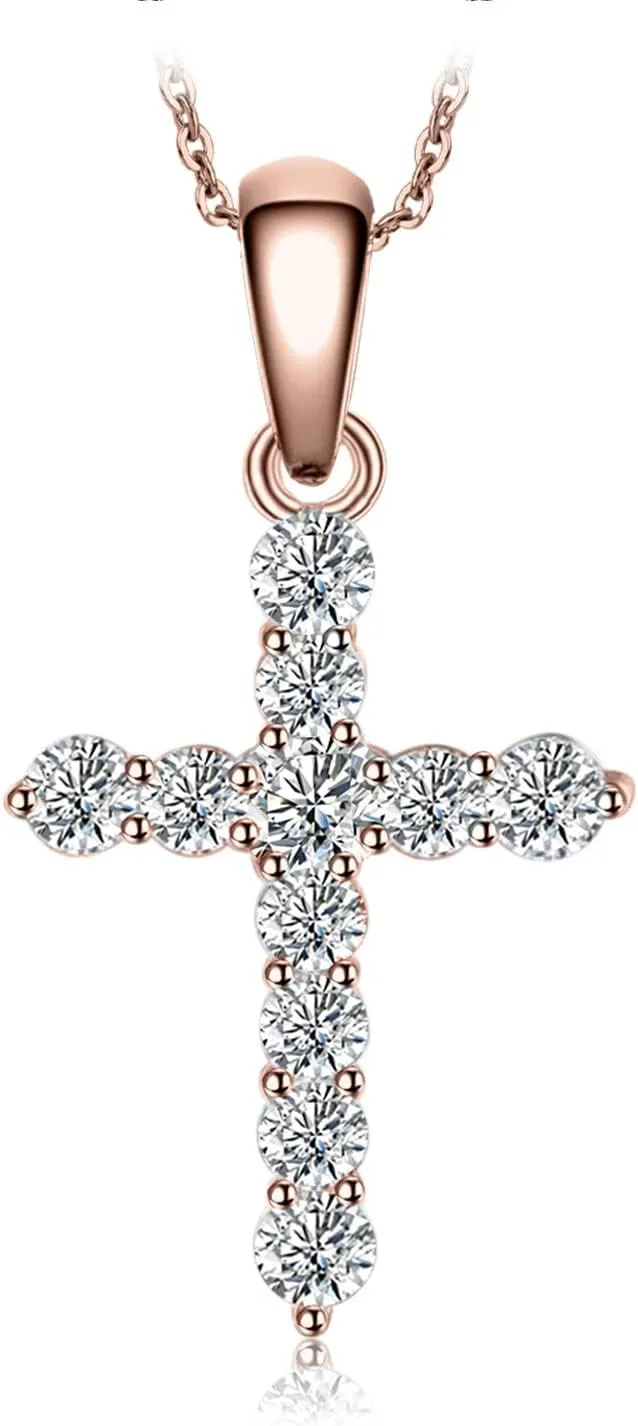 JewelryPalace Fashion Cross 0.7ct Cubic Zirconia Pendant Necklace for Women, 14k White Yellow Rose Gold Plated 925 Sterling Silver Necklace for Her, Simulated Diamond Gift for Girls 18 Inches Chain