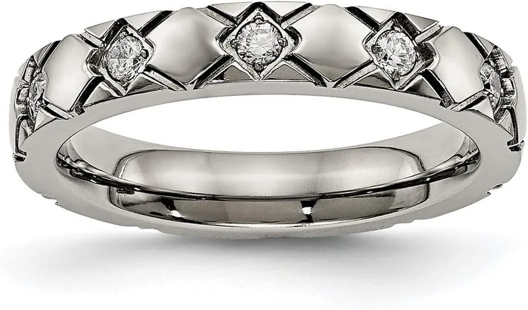 JewelryWeb 4mm Titanium Polished Criss Religious Faith Cross Grooved CZ Simulated Diamond Ring Size 7 Band Style-Ring for Women