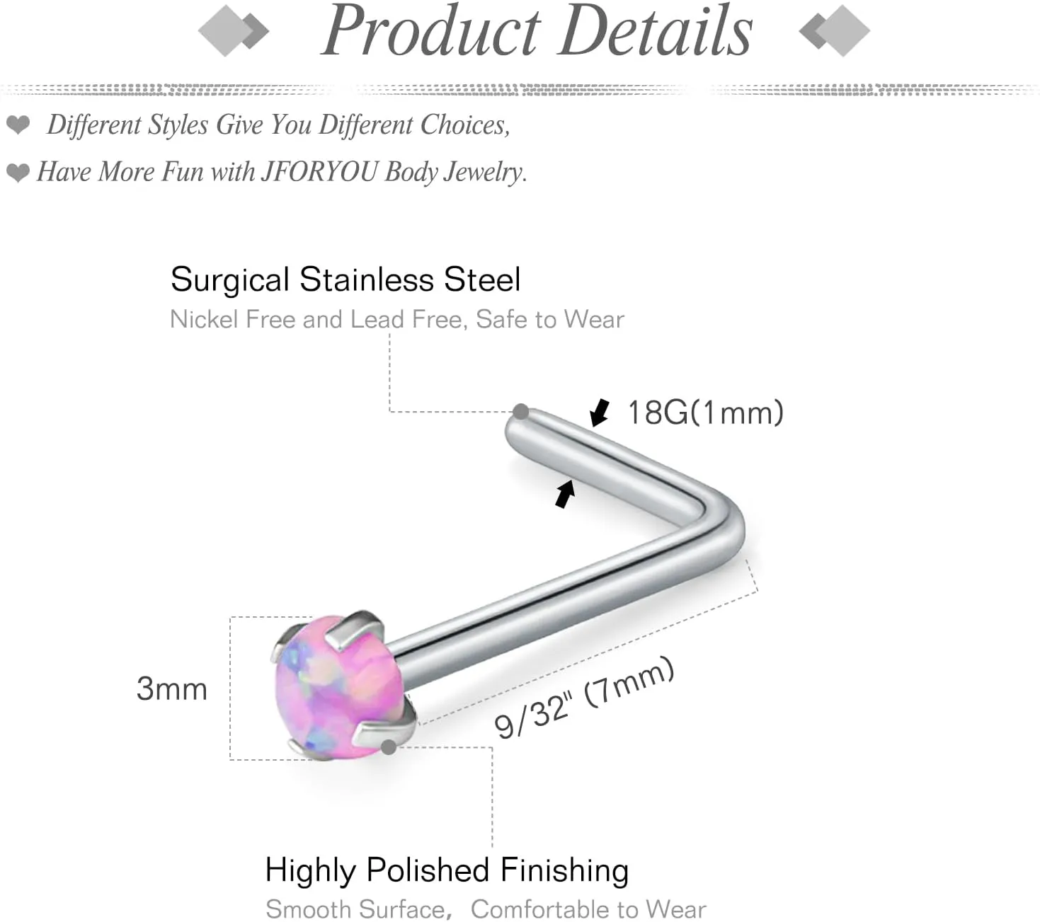 JFORYOU 18G Nose Rings Set for Women Stainless Steel Hypoallergenic L Shape/Corkscrew/Straight Nose Studs Opal Hinged Clicker Segment Nose Rings Hoops Helix Cartilage Daith Tragus Sleeper Earrings