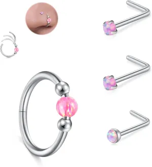 JFORYOU 18G Nose Rings Set for Women Stainless Steel Hypoallergenic L Shape/Corkscrew/Straight Nose Studs Opal Hinged Clicker Segment Nose Rings Hoops Helix Cartilage Daith Tragus Sleeper Earrings