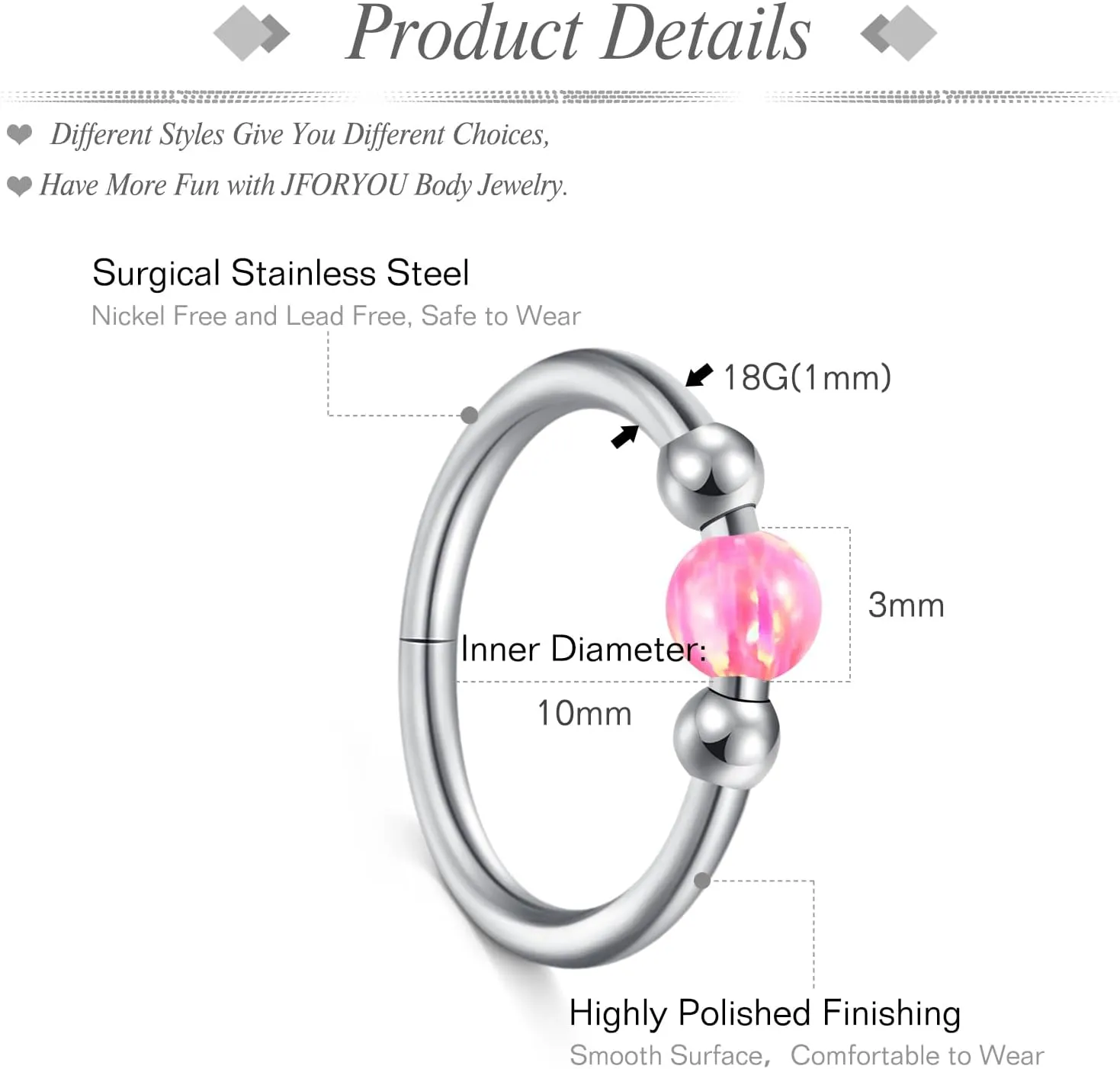 JFORYOU 18G Nose Rings Set for Women Stainless Steel Hypoallergenic L Shape/Corkscrew/Straight Nose Studs Opal Hinged Clicker Segment Nose Rings Hoops Helix Cartilage Daith Tragus Sleeper Earrings